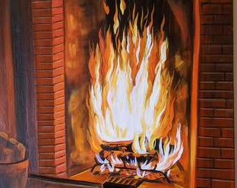 The fireplace  Winter evening Oil painting on canvas