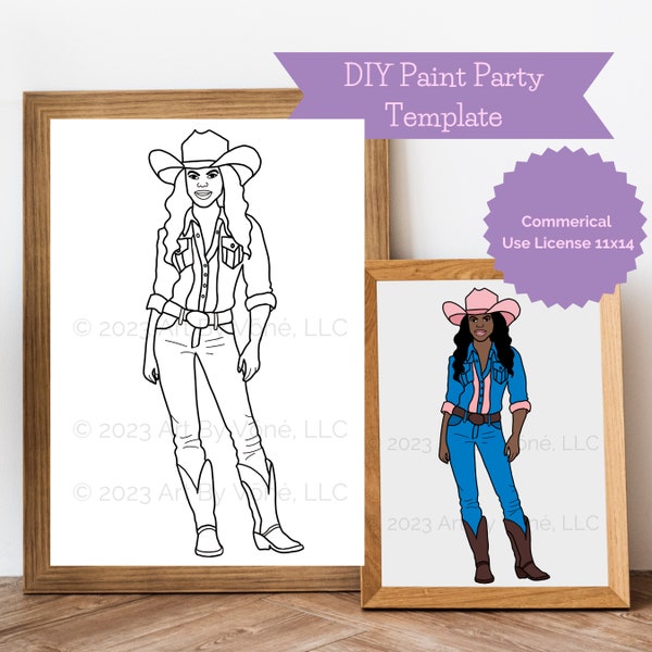 Black Cowgirl Paint Party Template - Digital Sip and Paint Stencil, Easy DIY Art Party Activity