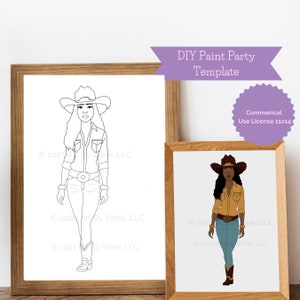 DIY Paint Party Black Cowgirl Outline - Sip and Paint, Art Party Fun, Easy Coloring Stencil
