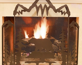 Black Bear Metal Fireplace Screen Rustic Style In Black