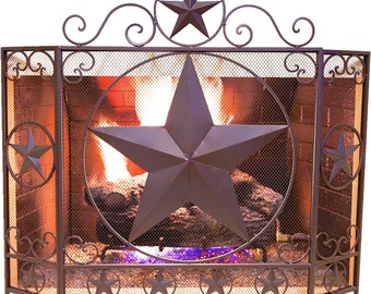 Decorative Metal Foldable Fireplace Screen with Star in Brown Metal Mesh