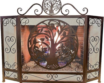 Decorative Tree of Life Metal 3 Panel Fireplace Screen Freestanding Vintage Mesh