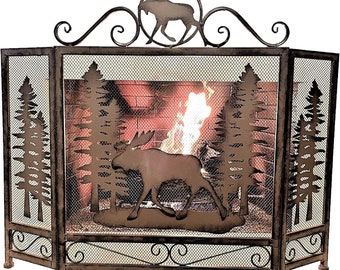 Moose Forest Metal 3 Panel Fireplace Screen Lodge Cabin Mountain Log Home Decor
