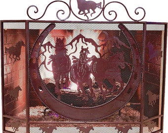 Rustic Metal Foldable Fireplace Screen with Horseshoe and Running Horses