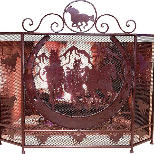 Rustic Metal Foldable Fireplace Screen with Horseshoe and Running Horses