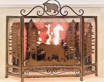 Woodland Bear Metal Mesh 3 Panel Fireplace Screen Lodge Cabin Home Decoration