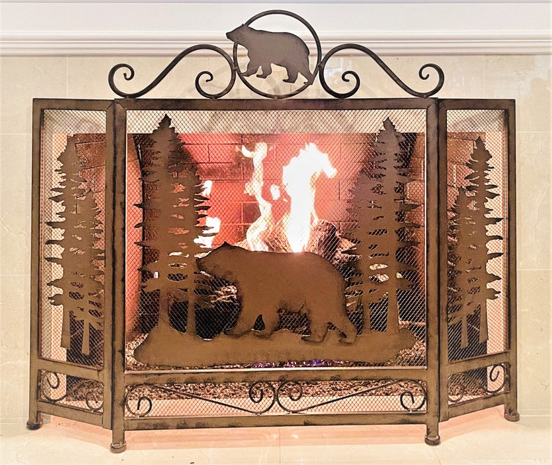 Woodland Bear Metal shops Mesh 3 Panel Fireplace Screen Lodge Cabin Home Decoration