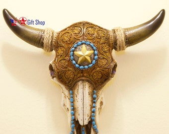 Bull Bison Skull Tooled Leather Southwest Western Wall Art Hanging Decoration