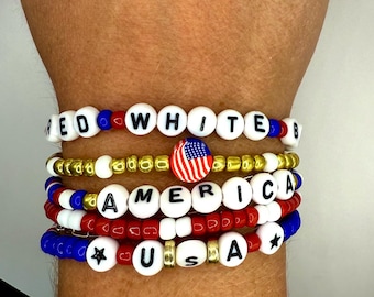 4th of July Beaded Bracelet Set – Red White Blue, USA (Pack of 5)