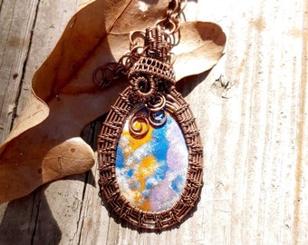 Colorful Boho Necklace - OOAK Torch Fired Enameled Copper Wire Weave Pendant