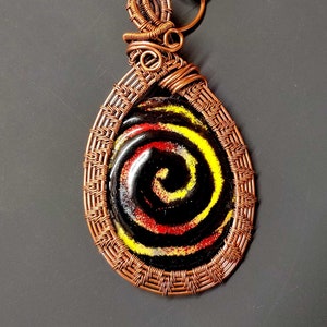 Wire weave and enamel Pendant Colorful wire wrapped Boho Statement Necklace enamel swirly image 2