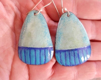 Green and Blue copper enameled drop earrings, handmade earrings, enamel earrings, colorful jewelry, boho earrings, dangle earrings