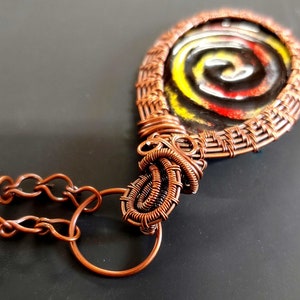 Wire weave and enamel Pendant Colorful wire wrapped Boho Statement Necklace enamel swirly image 4