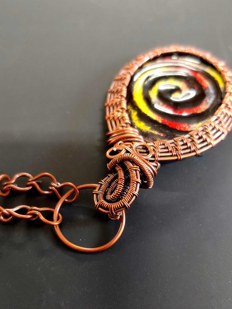 Wire weave and enamel Pendant Colorful wire wrapped Boho Statement Necklace enamel swirly image 4