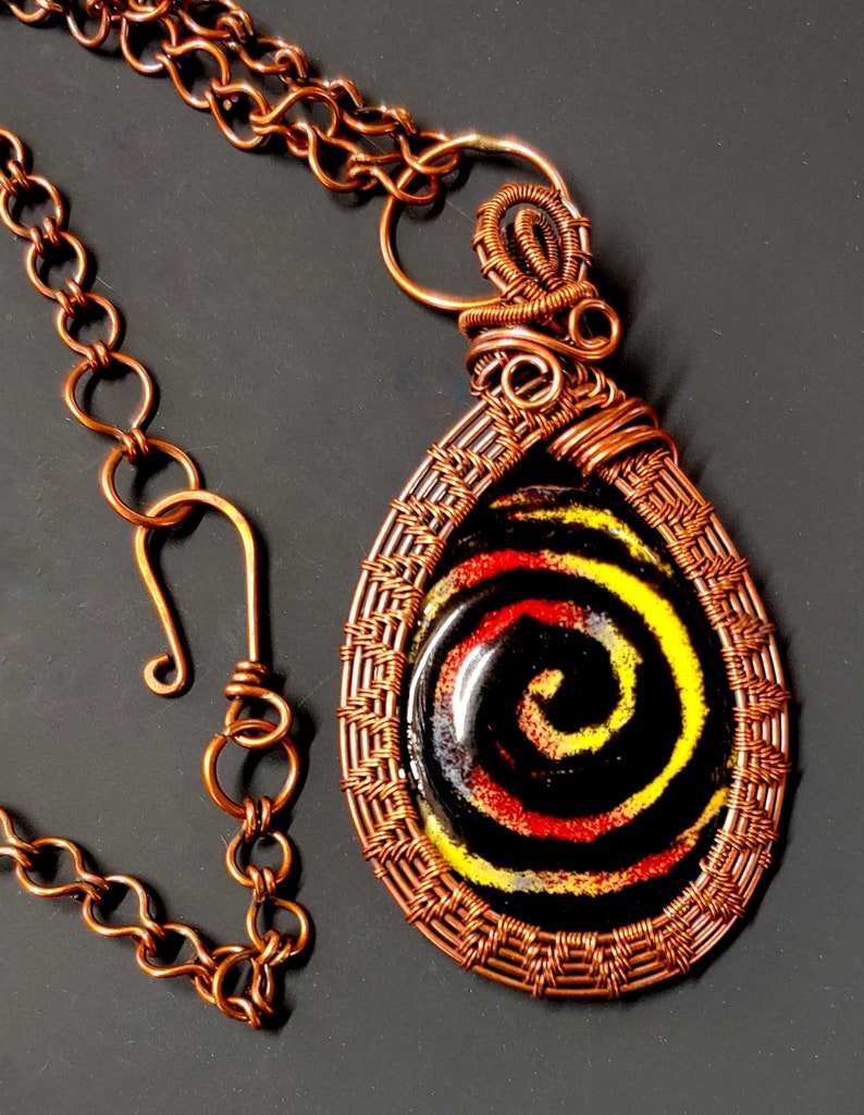 Wire weave and enamel Pendant Colorful wire wrapped Boho Statement Necklace enamel swirly image 3