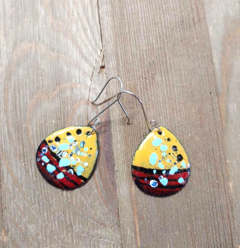 Red and Yellow Copper Enameled Drop Earrings, Handcrafted Earrings ...