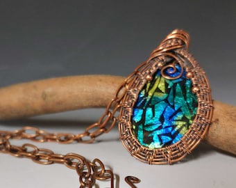 Multicolored Enameled Pendant - Copper Wire Wrapped Necklace - Unique Jewelry, Boho Jewelry