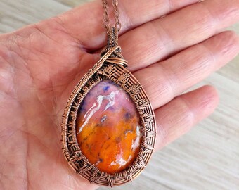 Torch Fired Enameled Copper Wire Weave Pendant - Colorful Abstract design in Orange and Lavender