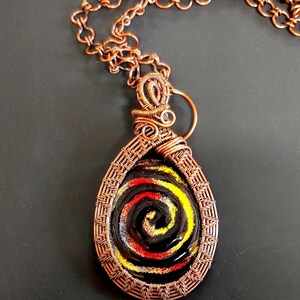 Wire weave and enamel Pendant Colorful wire wrapped Boho Statement Necklace enamel swirly image 6