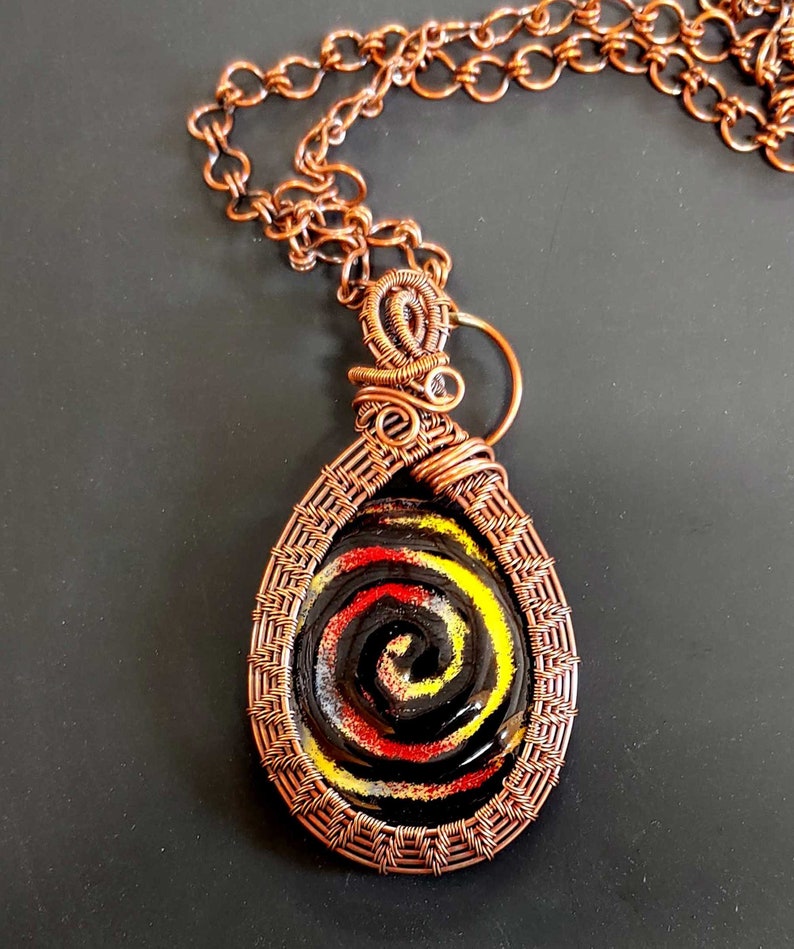 Wire weave and enamel Pendant Colorful wire wrapped Boho Statement Necklace enamel swirly image 6