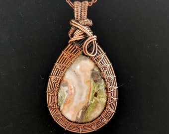 Colorful agate Pendant Wire wrapped in Copper. Handcrafted Wire Weaved Necklace.  Gift for a loved one.