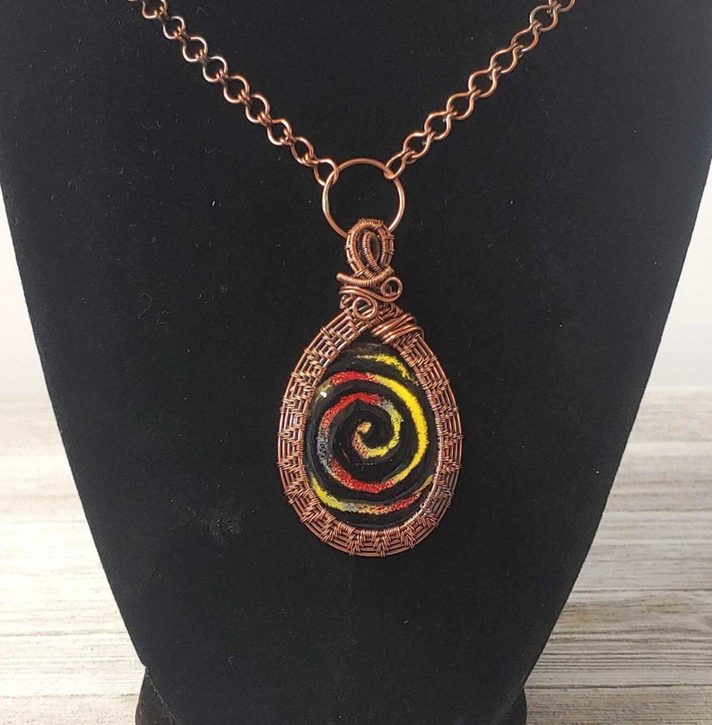Wire weave and enamel Pendant Colorful wire wrapped Boho Statement Necklace enamel swirly image 1