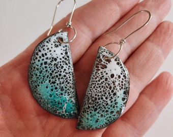 Copper Enameled Drop Earrings in Turquoise Blue and Black - leopard spot handcrafted earrings, dangle earrings - Hippie chic everyday style