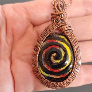 Wire weave and enamel Pendant Colorful wire wrapped Boho Statement Necklace enamel swirly image 5