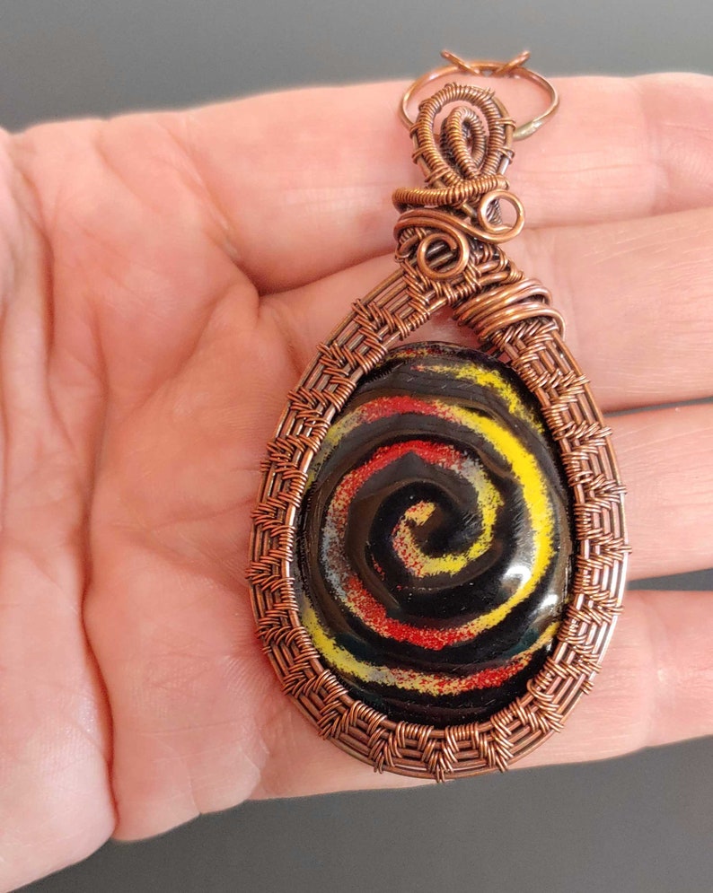 Wire weave and enamel Pendant Colorful wire wrapped Boho Statement Necklace enamel swirly image 5