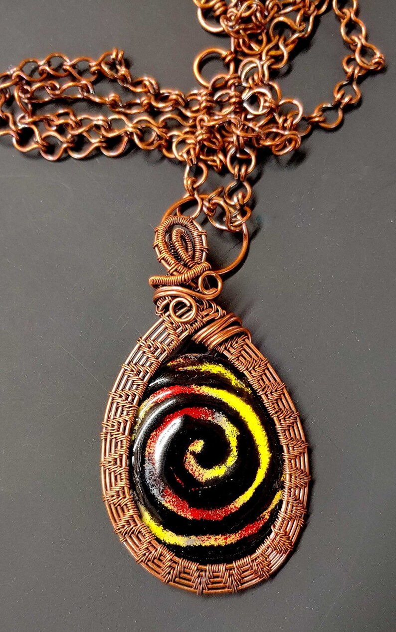 Wire weave and enamel Pendant Colorful wire wrapped Boho Statement Necklace enamel swirly image 2