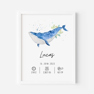 Affiche naissance Baleine | Cadeau de naissance personnalisé avec prénom et détails  | * Détails dorés *