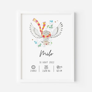 Cartel de nacimiento de búho | Regalo de nacimiento personalizado con nombre y detalles | *Detalles dorados*