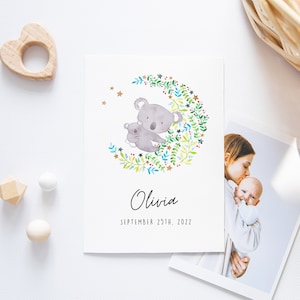 Carte naissance Koala (petite affiche) | Cadeau de naissance personnalisé avec prénom et détails | * Détails dorés *