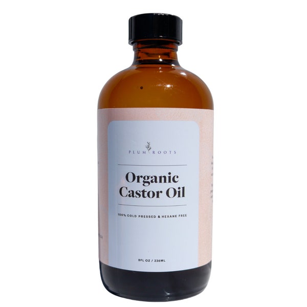 Plum Roots Organic Castor Oil, 100% Cold Pressed and Hexane Free, 8 Fl. Oz in a glass amber bottle