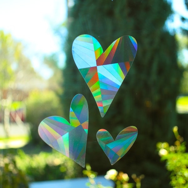 Suncatcher Stickers - Boho Hearts Set | Valentine's Day Gift Unique Housewarming Removable Window Decal Rainbow Maker Romantic Bridal Gift