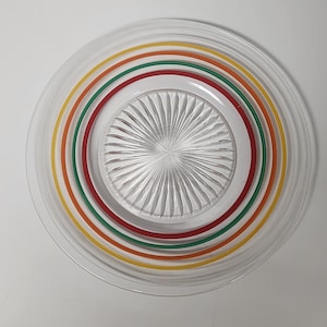 Op de afbeelding: Een helder glazen bord met een concentrisch cirkelontwerp in geel, oranje, groen en rood.