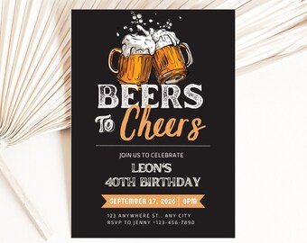 Invitación a la tarjeta de cumpleaños de la fiesta de la cerveza - Invitación digital instantánea del día B - Plantilla editable e imprimible - E-vite