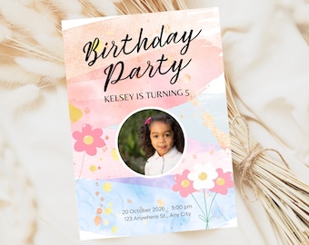 Invitación a la tarjeta de cumpleaños del niño - Invitación digital instantánea del día B del niño - Plantilla editable e imprimible - E-vite colorido rosa