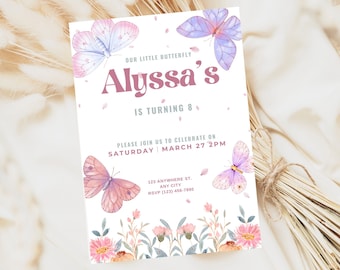 Invitación a la tarjeta de cumpleaños de mariposa - Invitación digital instantánea del día B - Plantilla editable e imprimible - E-vite