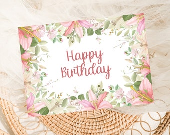 Deseos de tarjeta de feliz cumpleaños floral - Descarga instantánea digital - Plantilla editable e imprimible