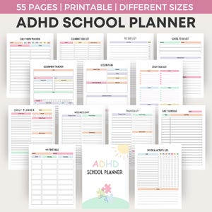 Peut inclure: Un planificateur scolaire ADHD imprimable de 55 pages. Le planificateur comprend des pages pour le suivi de l'humeur quotidien, les listes de t&acirc;ches de nettoyage, les listes de choses &agrave; faire, les listes de choses &agrave; faire pour l'&eacute;cole, les suivis de devoirs, les plans de cours, les listes de t&acirc;ches d'&eacute;tude, les planificateurs quotidiens, les horaires du mercredi et du jeudi, les horaires quotidiens, un horaire et un journal d'activit&eacute; physique. La page de couverture pr&eacute;sente un soleil, une pi&egrave;ce de puzzle et le texte "Planificateur scolaire ADHD".