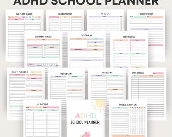 Planificador escolar para TDAH / Planificador digital para estudiantes - Adolescentes - Niños / Tareas y tareas diarias - Semanales - Mensuales - Anuales / Organizador PDF imprimible