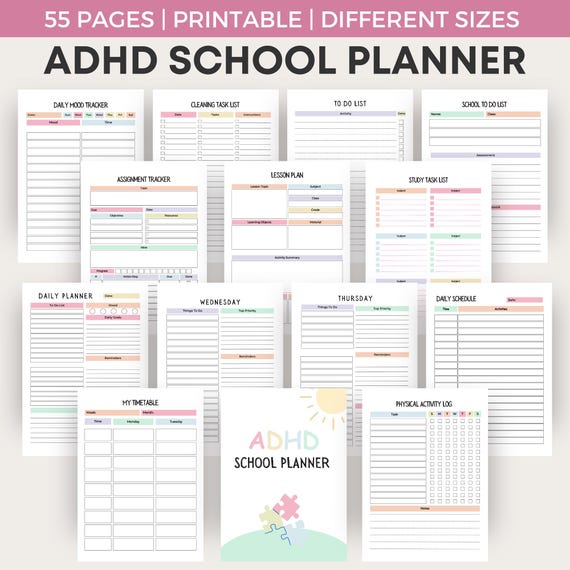 ADHD School Planner | Digital Planner for Students - Teens - Kids | Homework & Daily - Weekly - Monthy - Yearly | Printable PDF Organizer