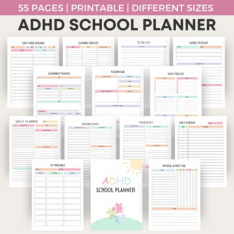 Peut inclure: Un planificateur scolaire ADHD imprimable de 55 pages. Le planificateur comprend des pages pour le suivi de l'humeur quotidien, les listes de t&acirc;ches de nettoyage, les listes de choses &agrave; faire, les listes de choses &agrave; faire pour l'&eacute;cole, les suivis de devoirs, les plans de cours, les listes de t&acirc;ches d'&eacute;tude, les planificateurs quotidiens, les horaires du mercredi et du jeudi, les horaires quotidiens, un horaire et un journal d'activit&eacute; physique. La page de couverture pr&eacute;sente un soleil, une pi&egrave;ce de puzzle et le texte "Planificateur scolaire ADHD".