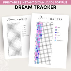 Puede incluir: Seguimiento de sueños imprimible con una cuadrícula de calendario para cada mes del año. La cuadrícula está codificada por colores para rastrear los estados de ánimo de los sueños: feliz, triste, aterrador, divertido, extraño y no recuerdo.