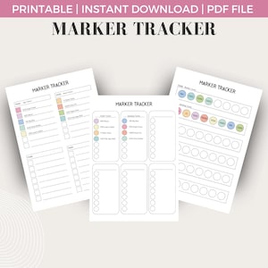 Peut inclure: Feuilles de suivi de marqueurs imprimables avec des sections pour différents types de marqueurs. Les feuilles sont divisées en sections avec des cercles pour chaque couleur de marqueur. Les couleurs incluent le rose, le bleu, le jaune, le vert et l'orange.