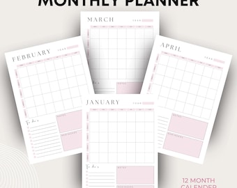 Agenda mensuel - Calendrier annuel imprimable au format PDF - Modèle non daté pour les objectifs, les tâches et les programmes chaque mois - Du lundi au dimanche