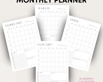 Agenda mensuel - Calendrier annuel imprimable au format PDF - Modèle non daté pour les objectifs, les tâches et les programmes chaque mois - Du lundi au dimanche