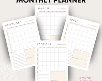 Agenda mensuel - Calendrier annuel imprimable au format PDF - Modèle non daté pour les objectifs, les tâches et les programmes chaque mois - Du lundi au dimanche