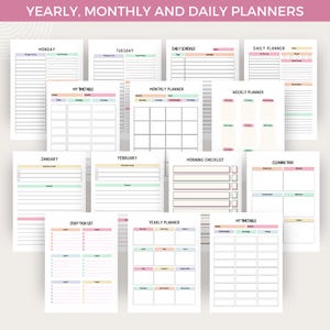 Peut inclure: Un ensemble de pages de planificateur imprimables avec un sch&eacute;ma de couleurs pastel. Les pages comprennent des planificateurs quotidiens, hebdomadaires, mensuels et annuels, ainsi que des listes de contr&ocirc;le et des listes de t&acirc;ches.